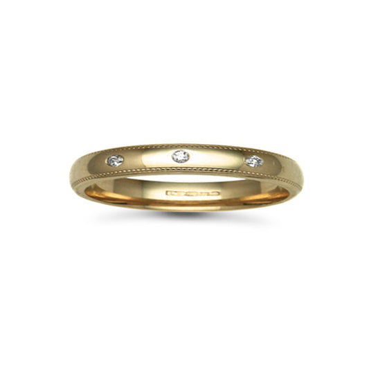 9ct Gold  3mm Court Mill-Grain Diamond 6pts Trilogy Wedding Ring - 9W013-3
