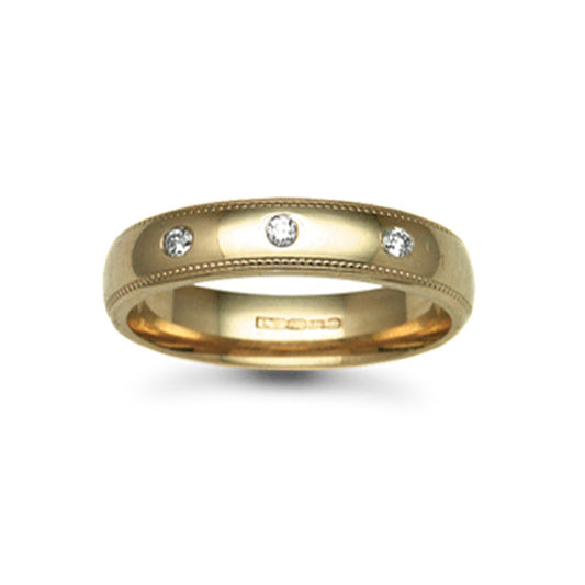 9ct Gold  5mm Court Mill-Grain Diamond 9pts Trilogy Wedding Ring - 9W013-5