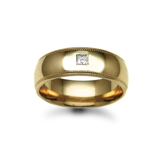 9ct Gold  7mm Court Mill-Grain Diamond 10pt Solitaire Wedding Ring - 9W017-7