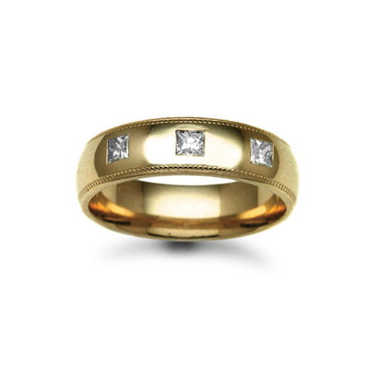 9ct Gold  6mm Court Mill-Grain Diamond 30pts Trilogy Wedding Ring - 9W019-6