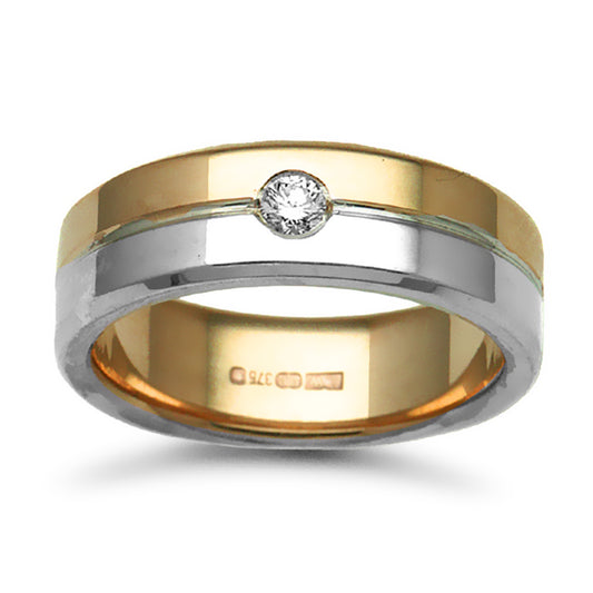 9ct Yellow White Gold  7mm Flat Court Diamond 10pt Wedding Ring - 9W047-7