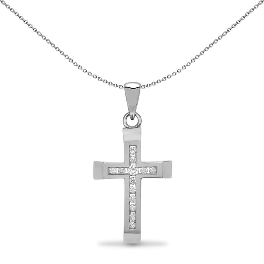 9ct White Gold  0.12ct Diamond Bevelled Cross Pendant - 9X012