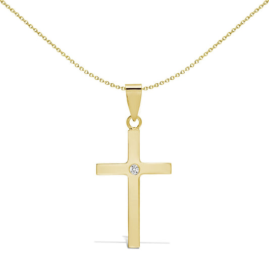 9ct Gold  0.03ct Diamond Minimalist Solitaire Cross Pendant - 9X087