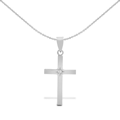 9ct White Gold  0.03ct Diamond Minimalist Solitaire Cross Pendant - 9X090