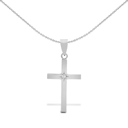 9ct White Gold  0.03ct Diamond Minimalist Solitaire Cross Pendant - 9X090