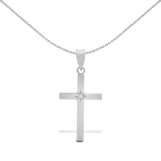 9ct White Gold  0.03ct Diamond Minimalist Solitaire Cross Pendant - 9X090