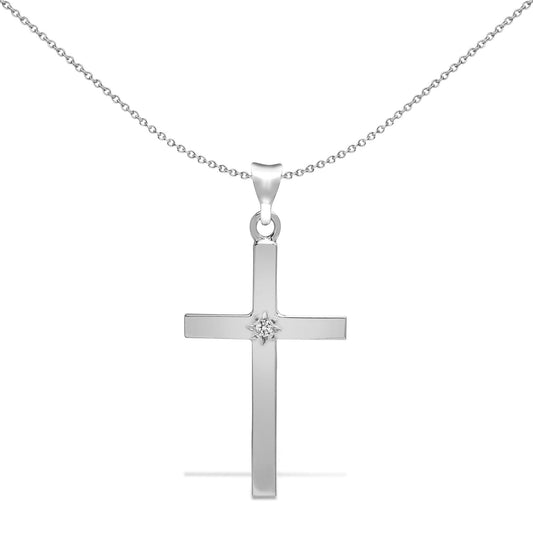 9ct White Gold 0.05ct Diamond Minimalist Solitaire Cross Pendant - 9X091