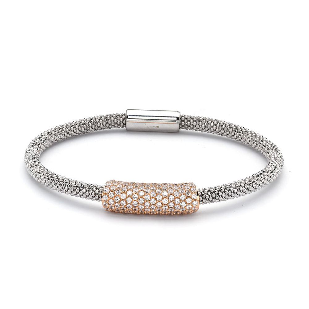 Rose Gold-plated Sterling Silver CZ Magnetic Popcorn Tubular Bead Bracelet - ABB090