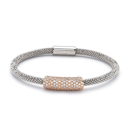 Rose Gold-plated Sterling Silver CZ Magnetic Popcorn Tubular Bead Bracelet - ABB090