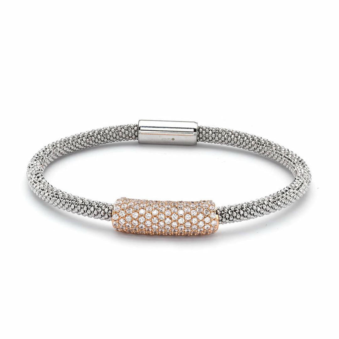 Rose Gold-plated Sterling Silver CZ Magnetic Popcorn Tubular Bead Bracelet - ABB090