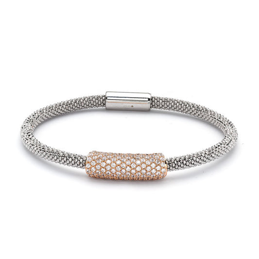 Rose Gold-plated Sterling Silver CZ Magnetic Popcorn Tubular Bead Bracelet - ABB090