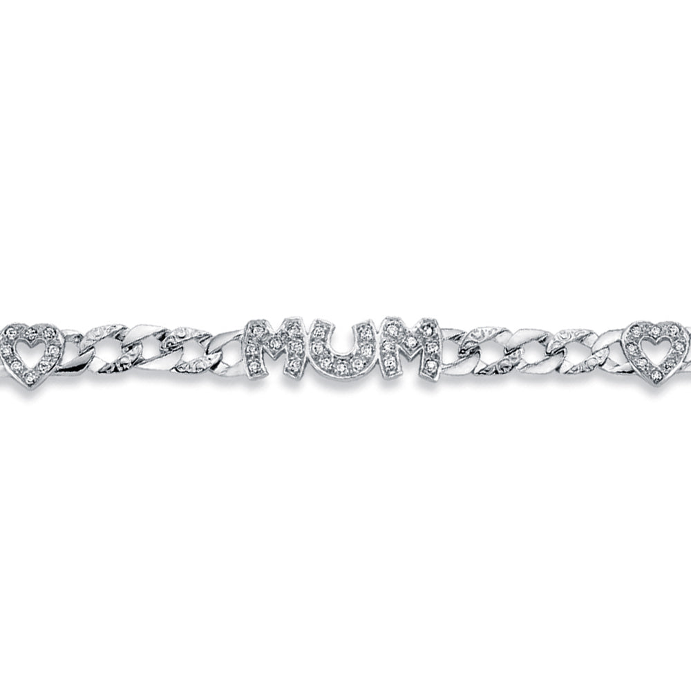 Womens Rhodium Plated Silver  CZ MUM Family Bracelet 7mm 7.5" - ABB163