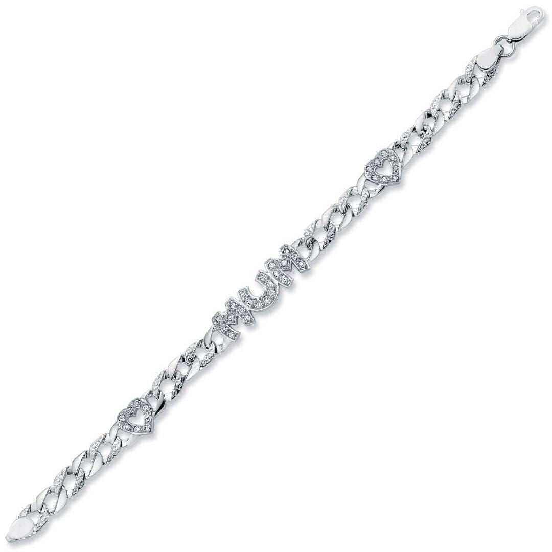 Womens Rhodium Plated Silver  CZ MUM Family Bracelet 7mm 7.5" - ABB163