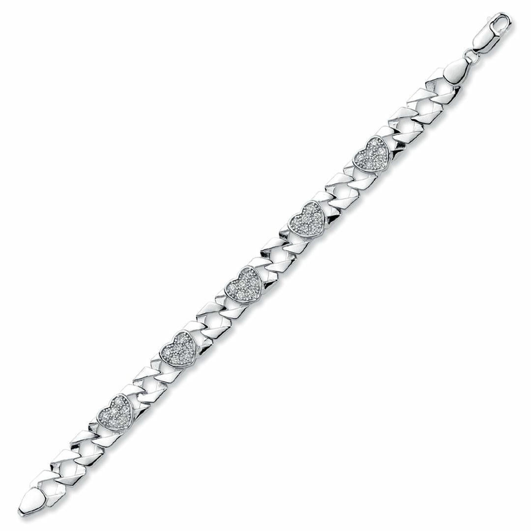 Girls Rhodium Plated Silver  CZ Love Heart Curb Bracelet 8mm 6" - ABB164-6