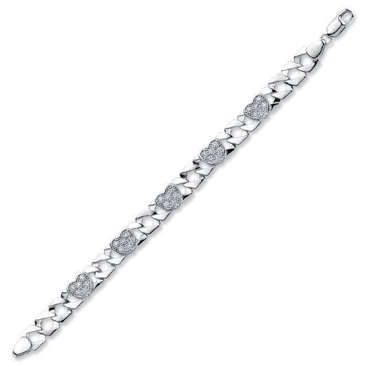 Girls Rhodium Plated Silver  CZ Love Heart Curb Bracelet 8mm 6" - ABB164-6