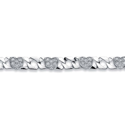 Girls Rhodium Plated Silver  CZ Love Heart Curb Bracelet 8mm 6" - ABB164-6