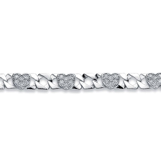 Girls Rhodium Plated Silver  CZ Love Heart Curb Bracelet 8mm 6" - ABB164-6