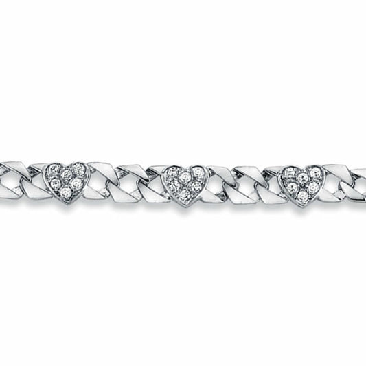 Womens Rhodium Silver  CZ Love Heart Curb Bracelet 8mm 7.5" - ABB164-7.5
