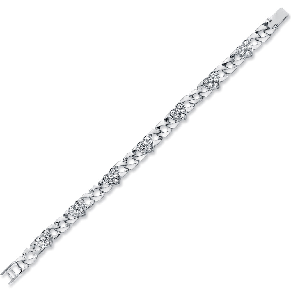 Womens Rhodium Silver  CZ Love Heart Curb Bracelet 8mm 7.5" - ABB164-7.5