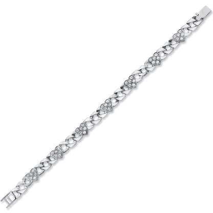 Womens Rhodium Silver  CZ Love Heart Curb Bracelet 8mm 7.5" - ABB164-7.5