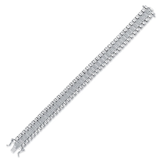 Sterling Silver  CZ Watch Strap Presidential Bracelet 12mm 7.5" - ABB165A-7.5