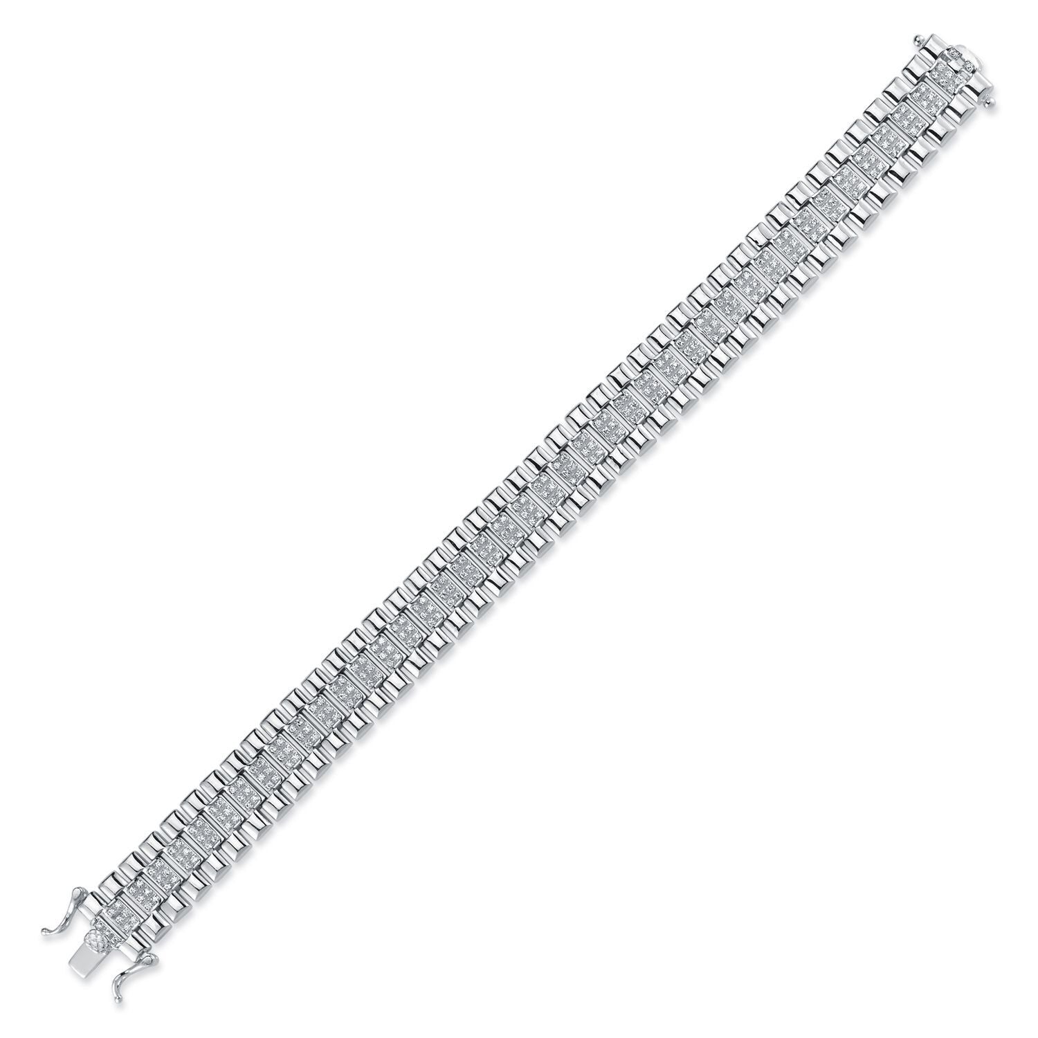 Sterling Silver  CZ Watch Strap Presidential Bracelet 12mm 7.5" - ABB165A-7.5