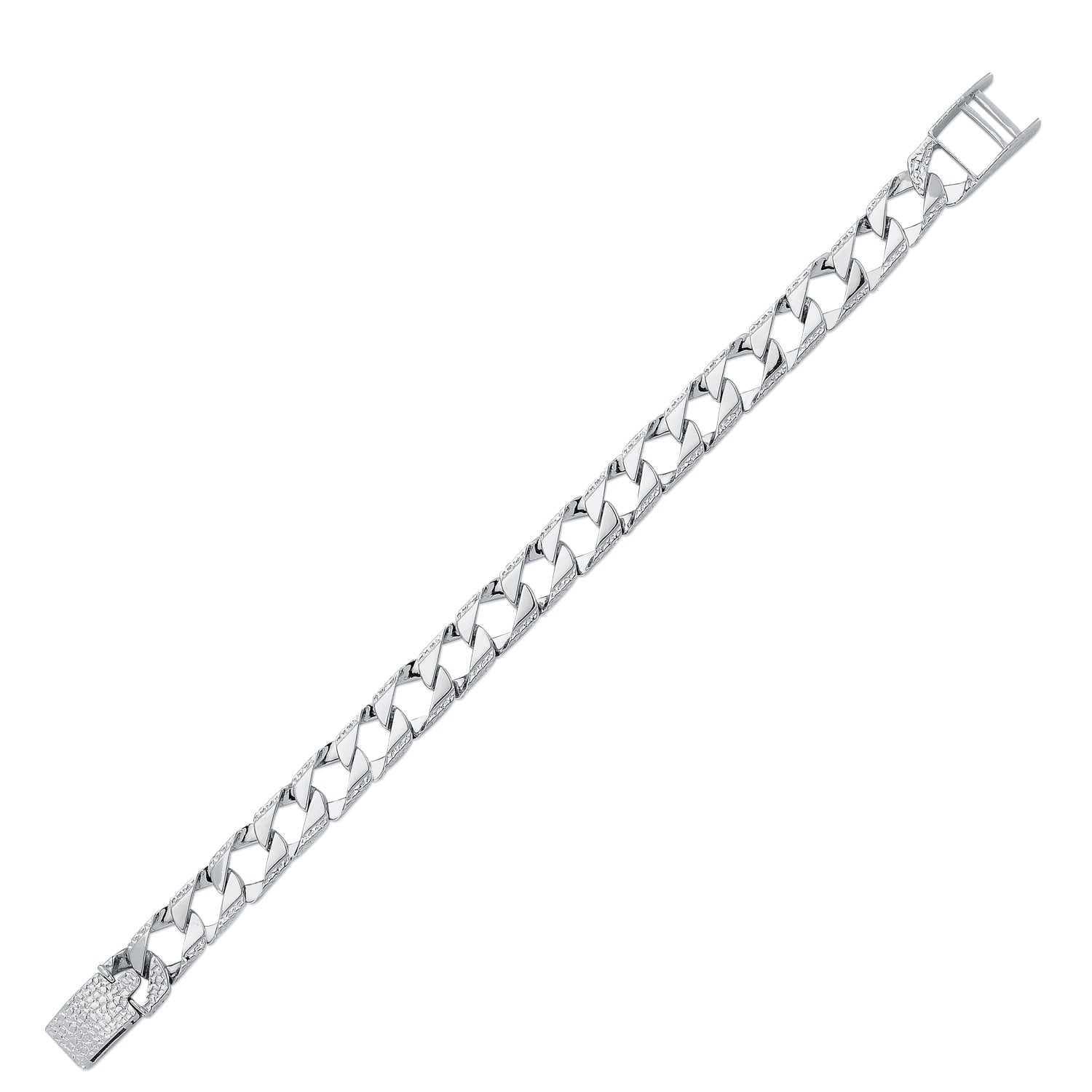Mens Rhodium Plated Silver  Lizard Edge Curb Bracelet 10mm 8.5" - ABB167A-8.5