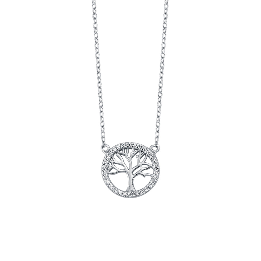 Sterling Silver  CZ Tree of Life Pendant Necklace 1.1mm 16-18" - ABB168