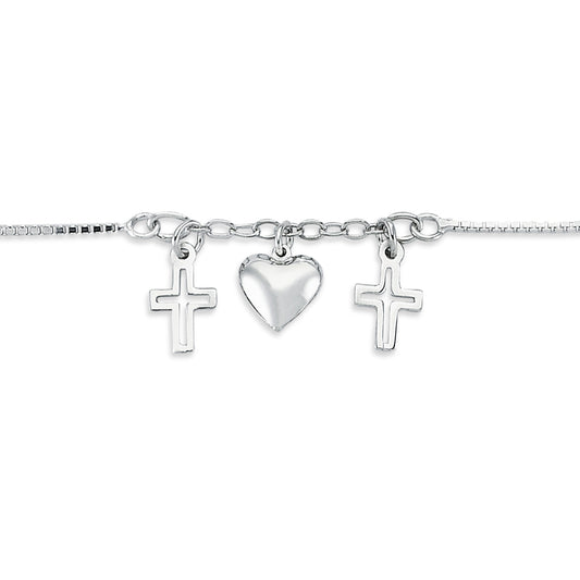 Silver  Love Hearts & Crosses 1mm Charm Bracelet 7.5" - ABB169
