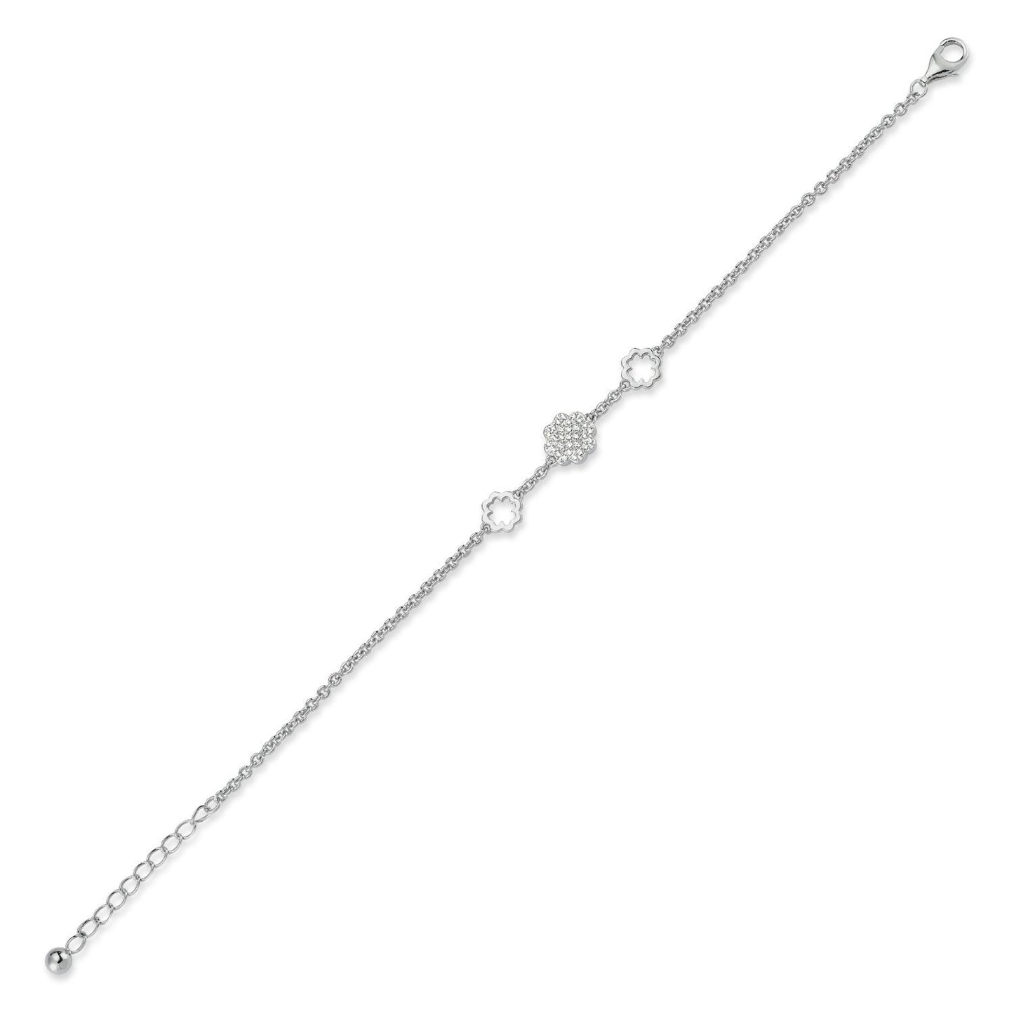 Silver  CZ Lucky 4 Leaf Clover 1.1mm Charm Bracelet 7" - ABB173