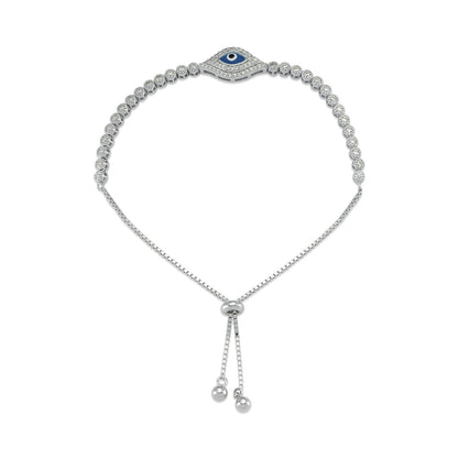 Silver  CZ Anti Evil Eye Eternity Adjustable Slider Bracelet 8.5" - ABB176