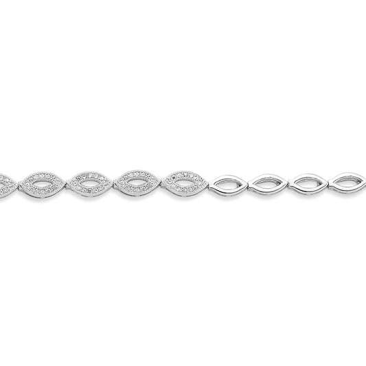 Silver  CZ Lil n Large Pave Outline Almond Link Bracelet 8" - ABB180