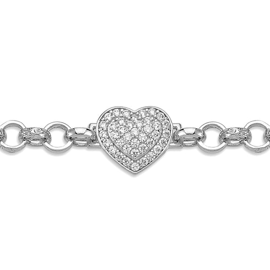 Silver  CZ Chunky Love Heart Engraved Belcher 7mm Baby Bracelet 6" - ABB181
