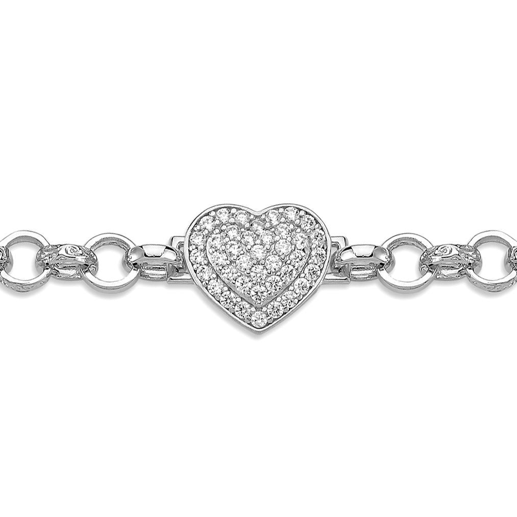 Silver  CZ Chunky Love Heart Engraved Belcher 7mm Baby Bracelet 6" - ABB181