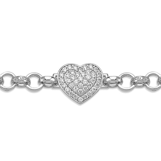 Silver  CZ Chunky Love Heart Engraved Belcher 7mm Baby Bracelet 6" - ABB181