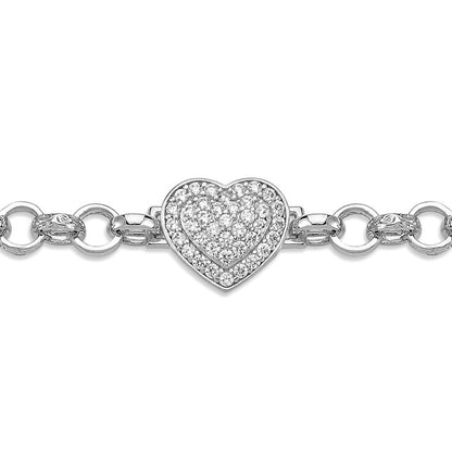 Silver  CZ Chunky Love Heart Engraved Belcher 7mm Baby Bracelet 6" - ABB181