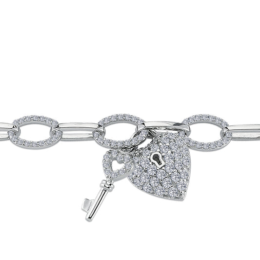 Silver  CZ Key Love Heart Padlock Oval Belcher Charm Bracelet 7.5" - ABB187