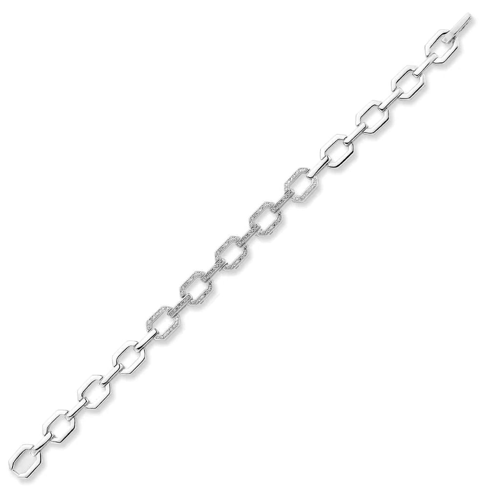 Sterling Silver  CZ Pave Octagonal Link Bracelet 7.5" - ABB188