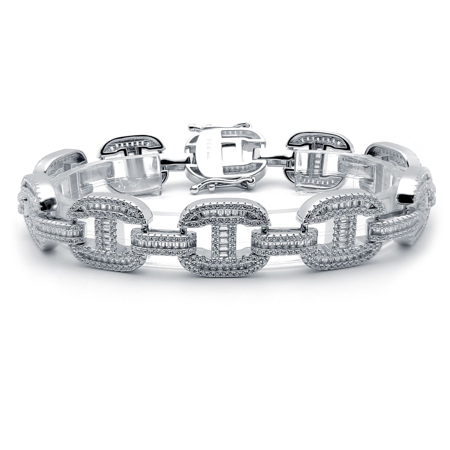 Silver  Round & Baguette CZ Chunky Marine Theta Link Bracelet 9" - ABB191