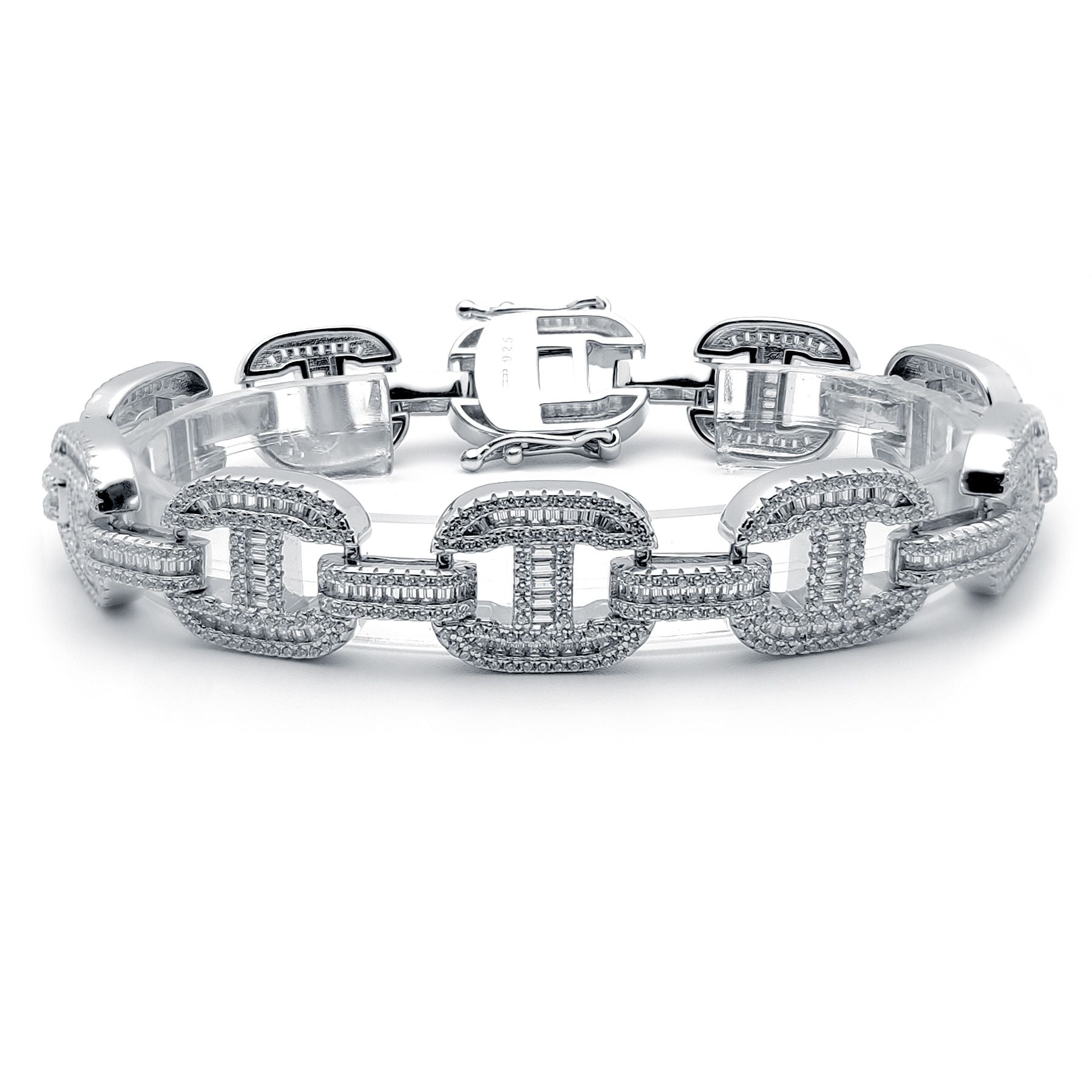 Silver  Round & Baguette CZ Chunky Marine Theta Link Bracelet 9" - ABB191