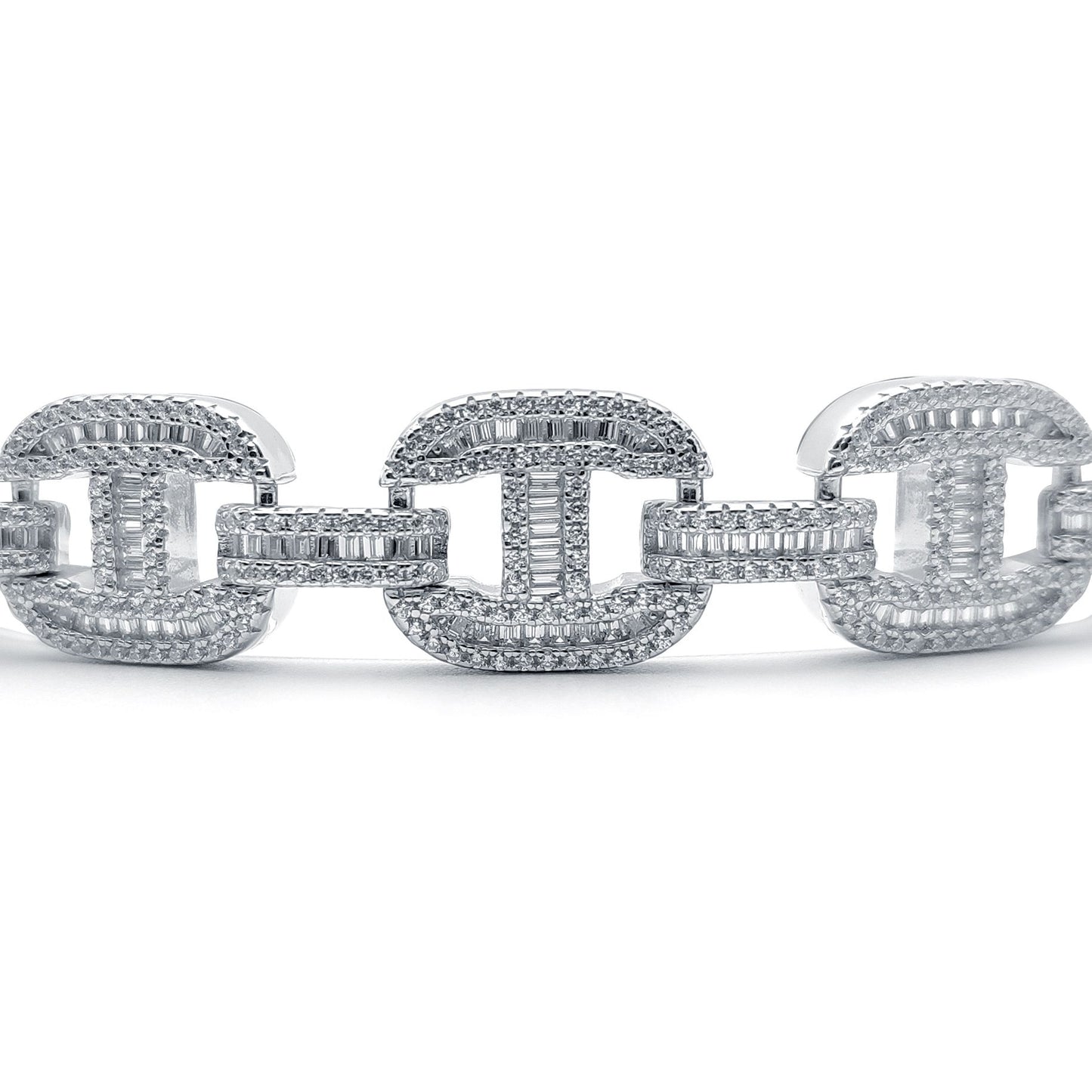 Silver  Round & Baguette CZ Chunky Marine Theta Link Bracelet 9" - ABB191