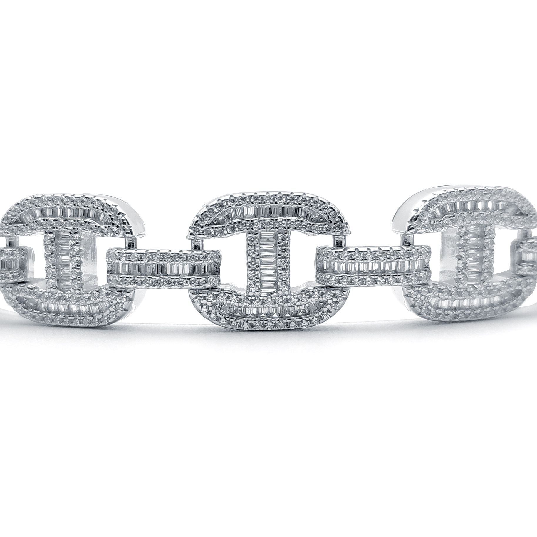 Silver  Round & Baguette CZ Chunky Marine Theta Link Bracelet 9" - ABB191