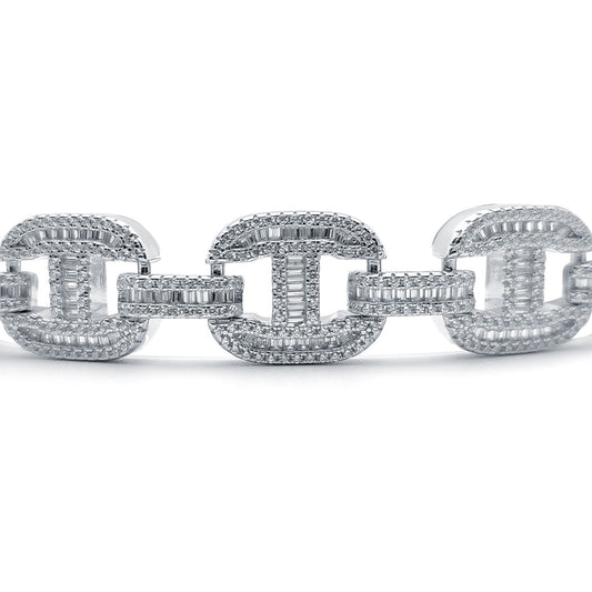 Silver  Round & Baguette CZ Chunky Marine Theta Link Bracelet 9" - ABB191
