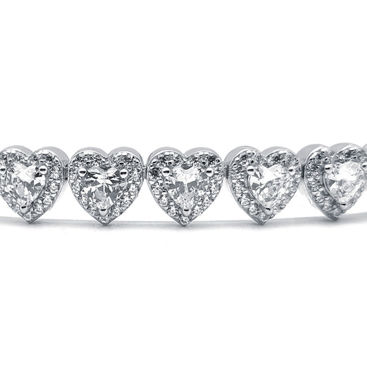 Silver  Heart CZ Sweetie Halo Love Hearts Line Bracelet 7.5" - ABB192