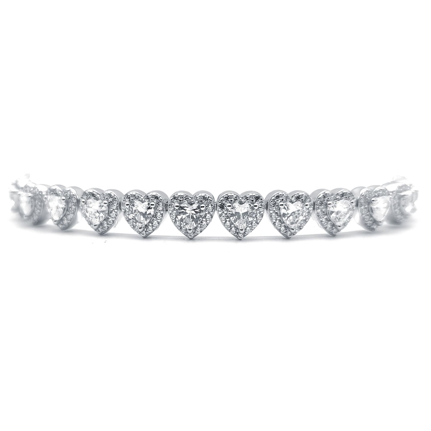 Silver  Heart CZ Sweetie Halo Love Hearts Line Bracelet 7.5" - ABB192