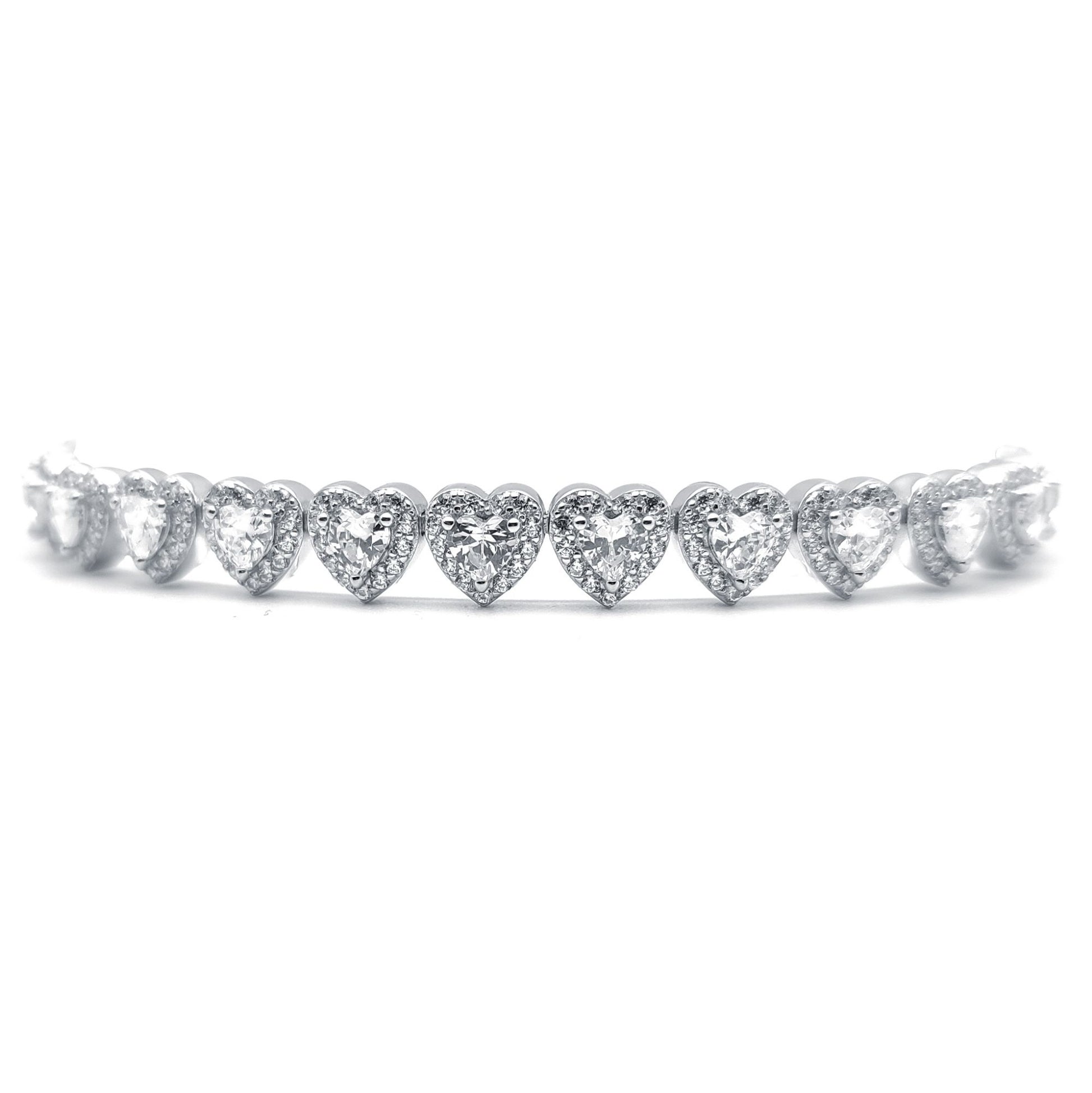 Silver  Heart CZ Sweetie Halo Love Hearts Line Bracelet 7.5" - ABB192