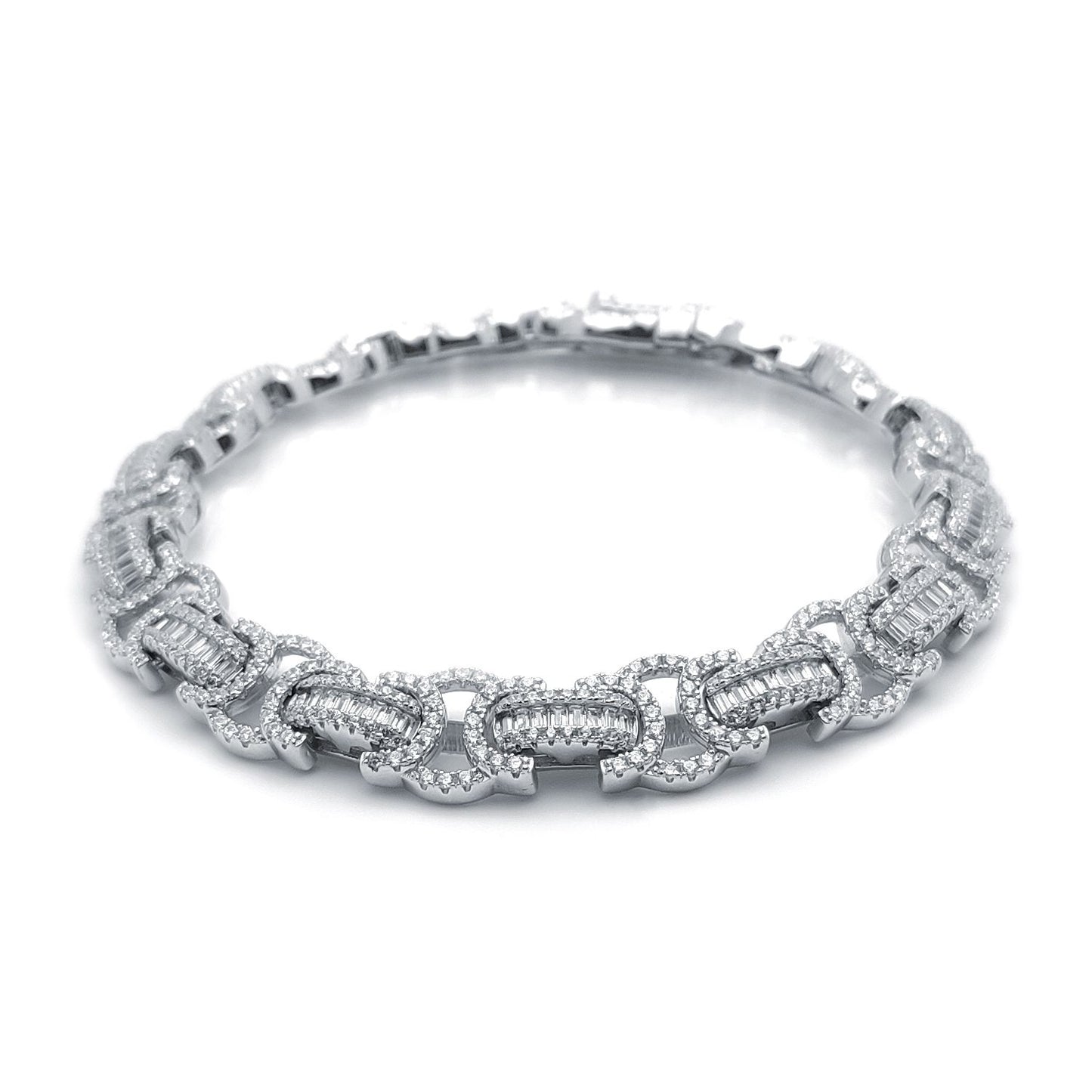 Mens Silver  Round & Baguette CZ Chunky Pave Byzantine Bracelet 9" - ABB195