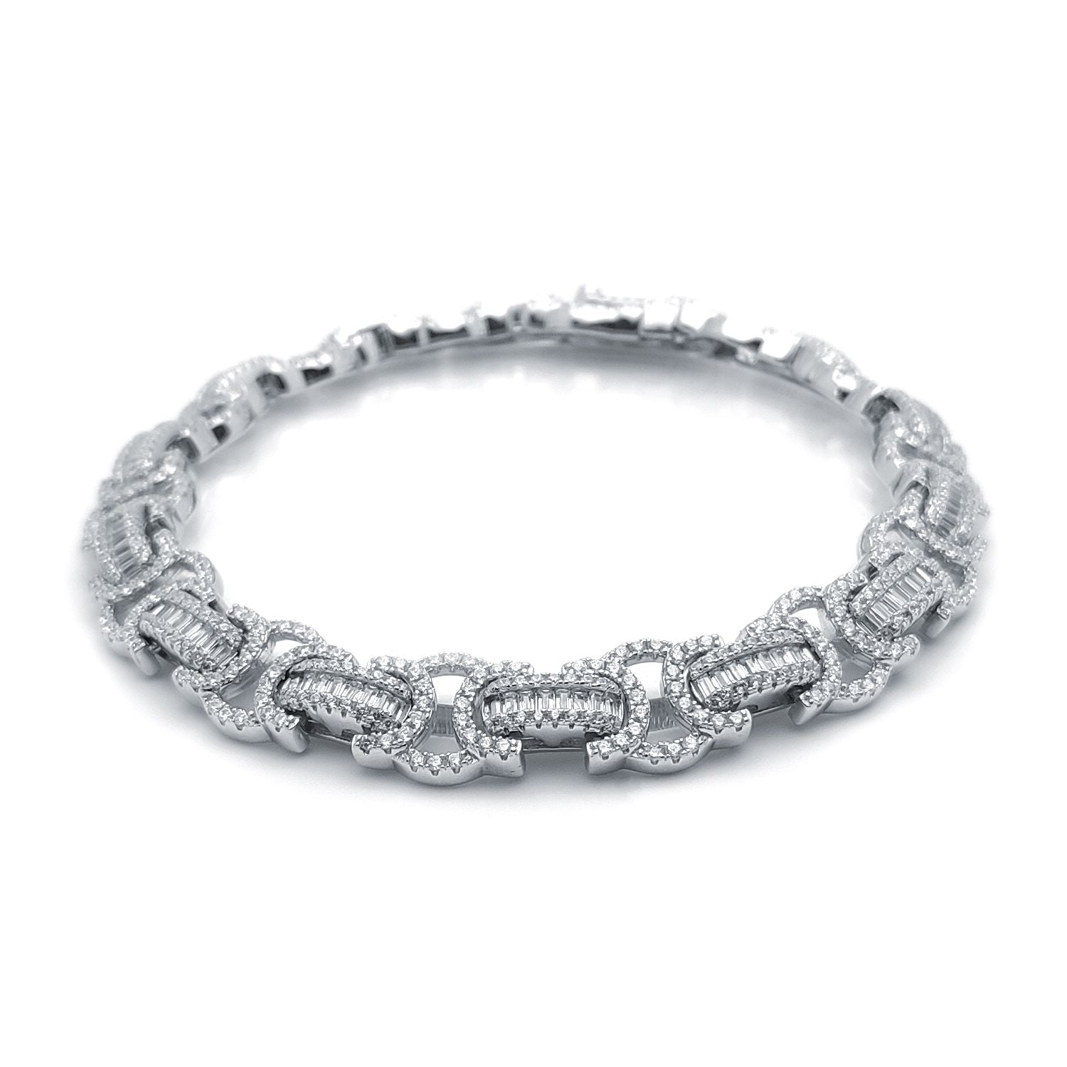 Mens Silver  Round & Baguette CZ Chunky Pave Byzantine Bracelet 9" - ABB195