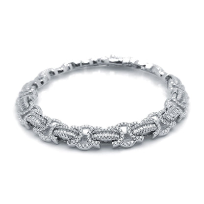 Mens Silver  Round & Baguette CZ Chunky Pave Byzantine Bracelet 9" - ABB195