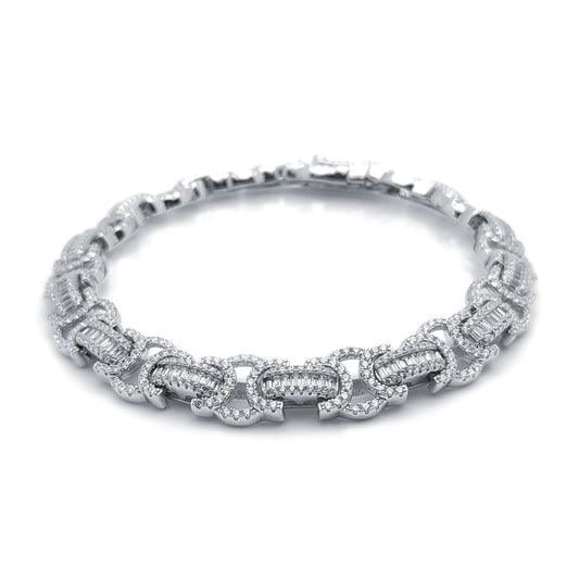 Mens Silver  Round & Baguette CZ Chunky Pave Byzantine Bracelet 9" - ABB195